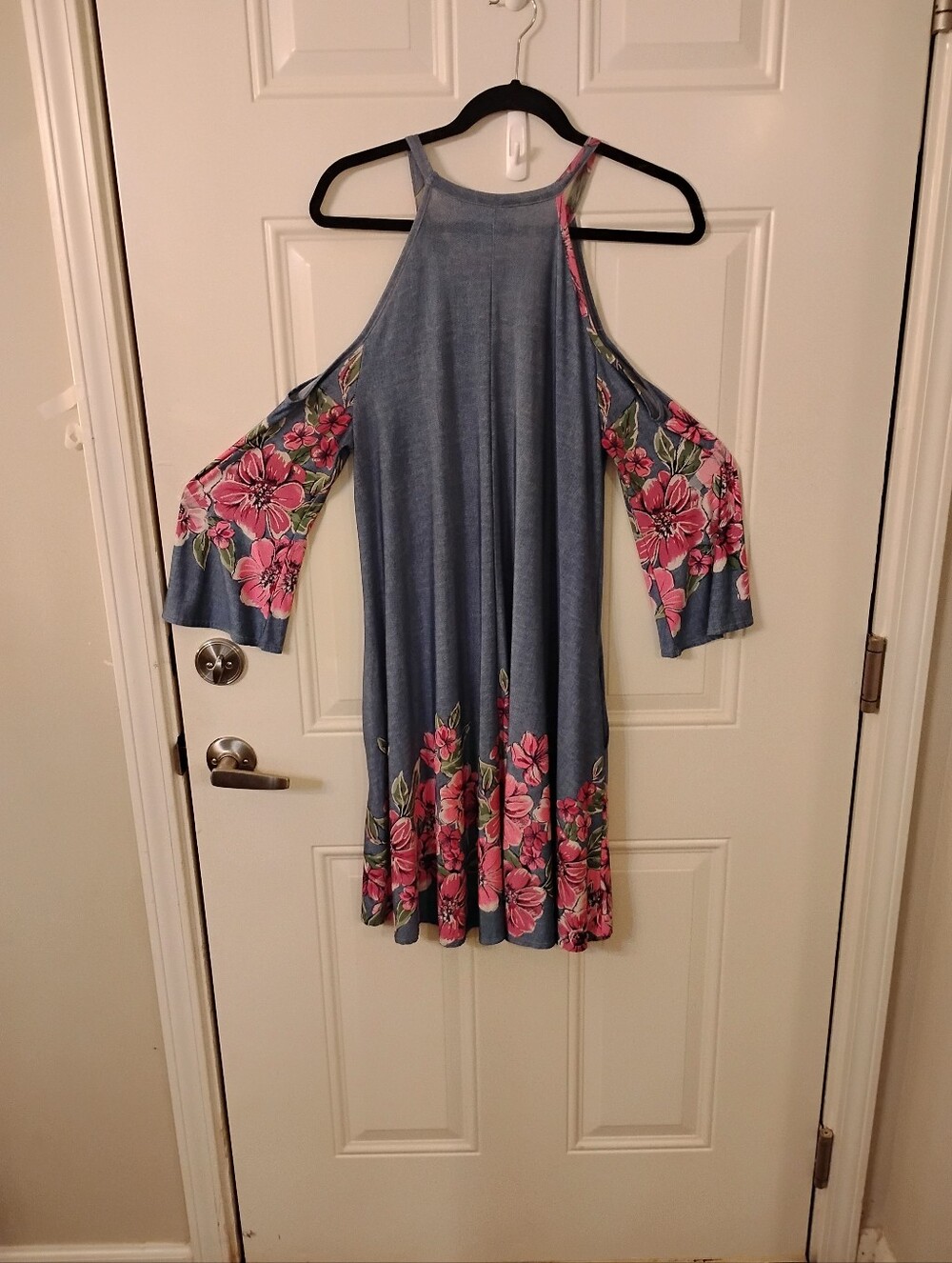 Blue Floral Cold-Shoulder Dress with Pink Flowers